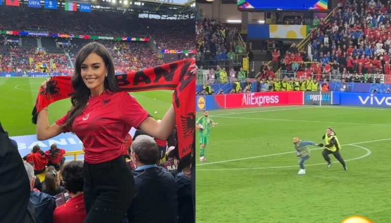 FOTO/ Gazetarja Eva Murati publikon momentin kur tifozi hyri në fushë gjatë ndeshjes Itali-Shqipëri