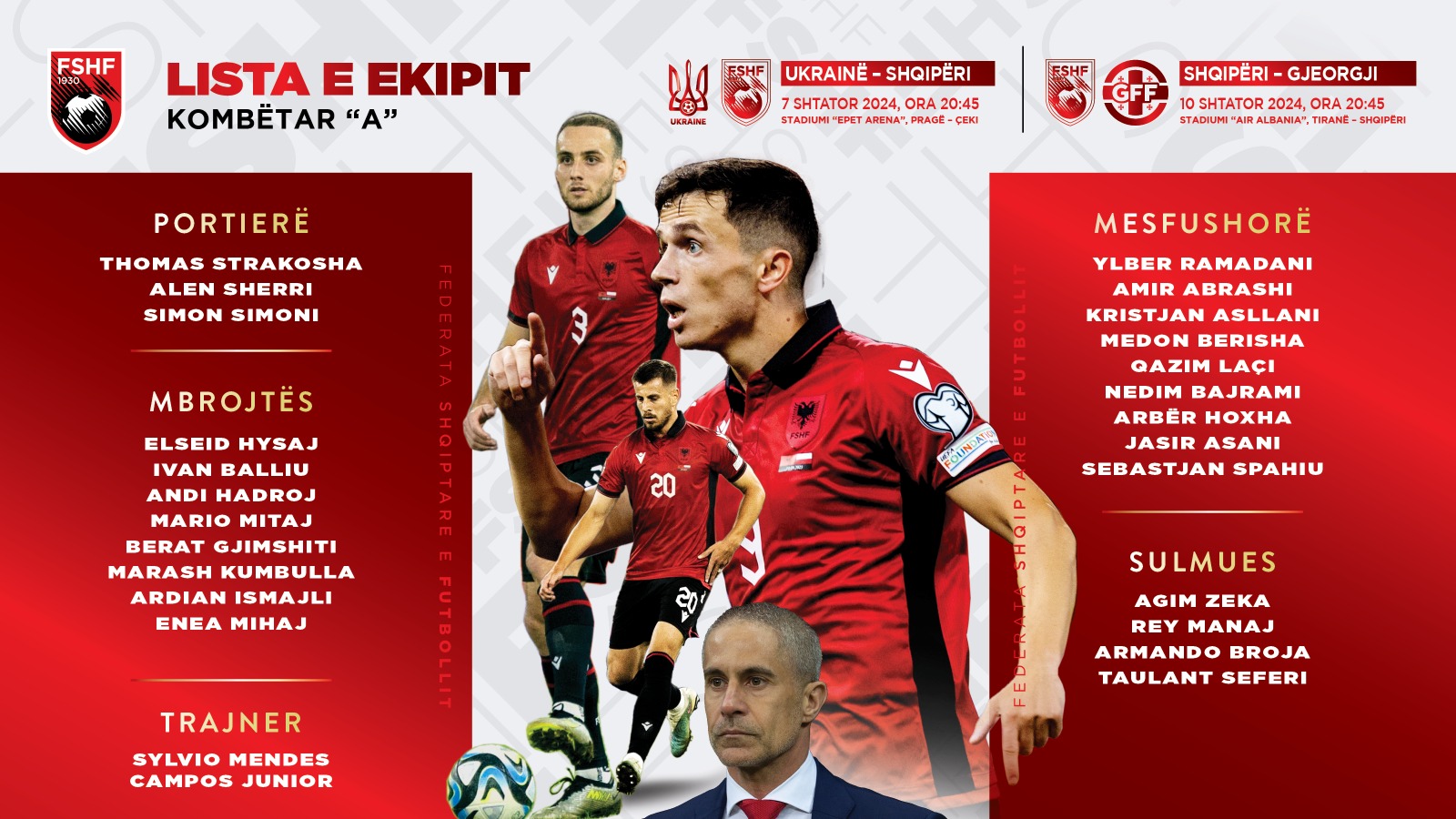 UEFA Nations League/ Trajneri Silvinjo publikon listën me emrat e 24 lojtarëve të ftuar për dy ndeshjet ndaj Ukrainës dhe Gjeorgjisë
