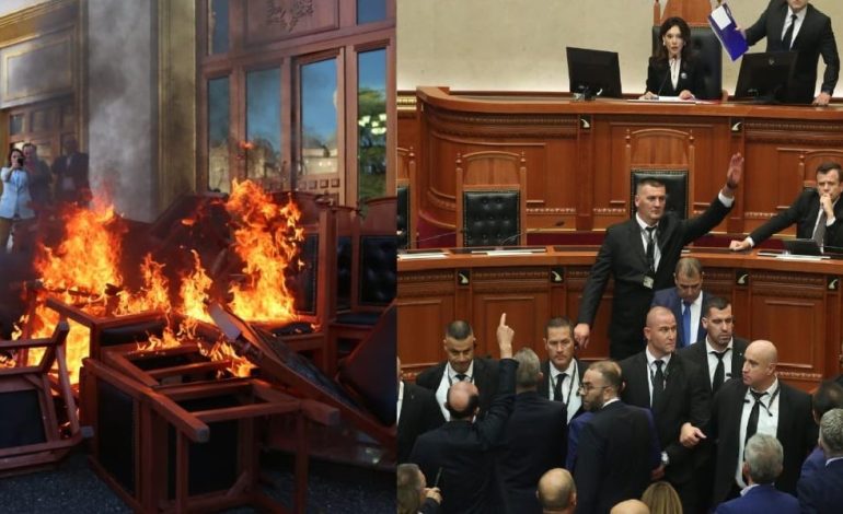 FOTOT/ Me syze dielli e duart kryq, deputetët e PD “shijojnë” flakët në Kuvend! Momentet kryesore nga 15 minuta seancë mes kaosit dhe tensionit