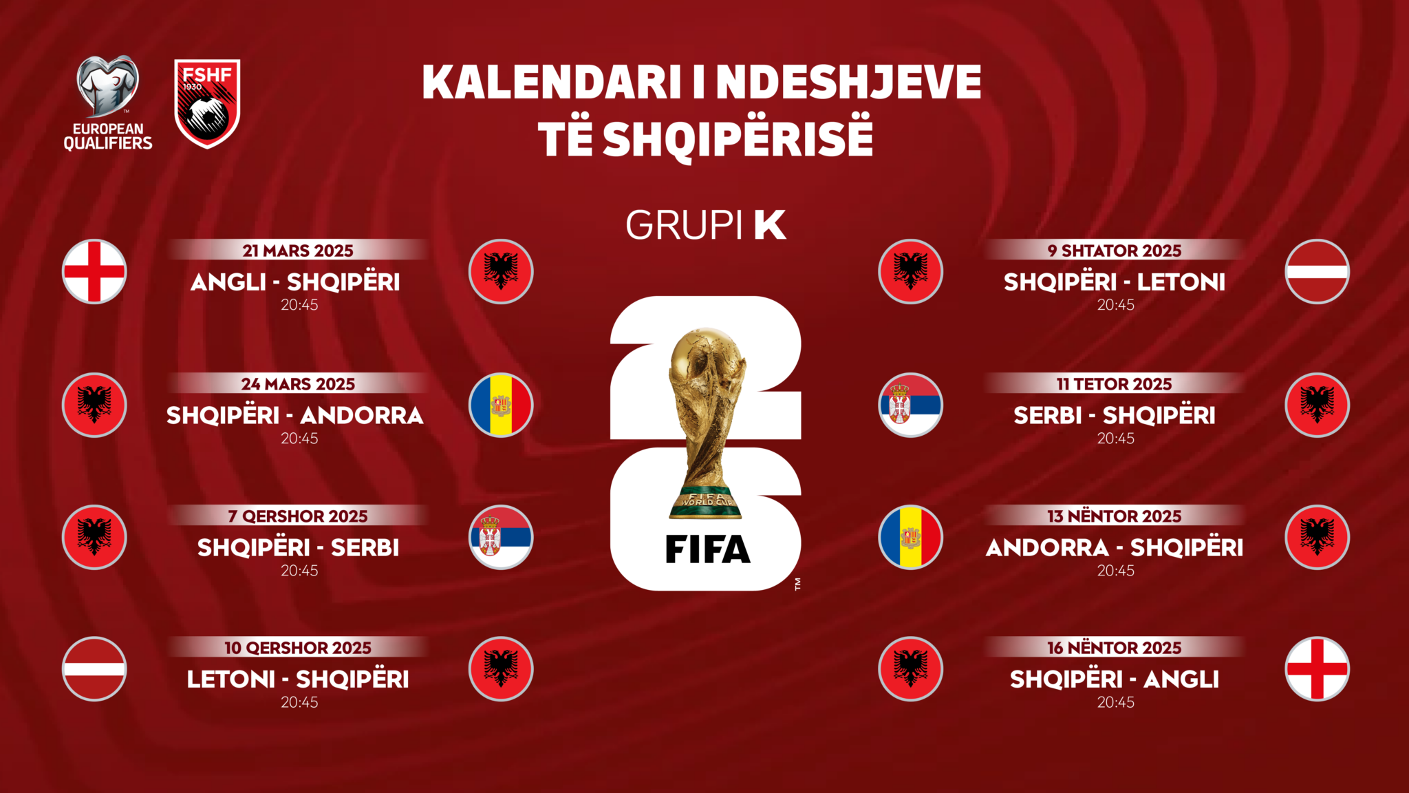 Ora dhe datat/ Zbardhet kalendari i plotë, njihuni me të gjitha ndeshjet e Shqipërisë në kualifikueset e Botërorit 2026