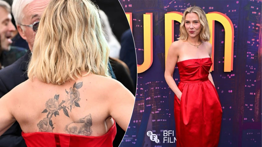 Scarlett Johansson zgjedh të kuqen elegante dhe nxjerr në pah tatuazhet në shpinë